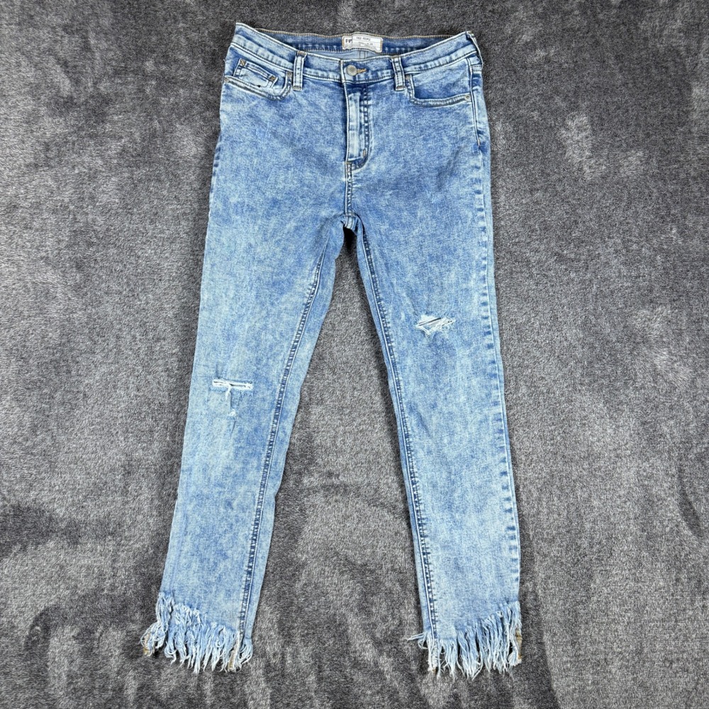 Free People Acid Wash Blue Distressed Fringe Hem Skinny Jeans W28 61855-16515125